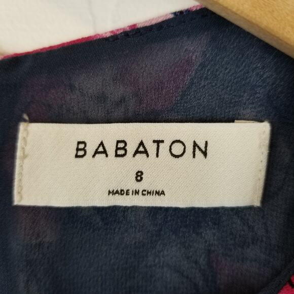 Babaton Aritzia Patricio Floral Shift Dress Short Sleeve Pink Navy Blue Size 8 - Picture 5 of 9